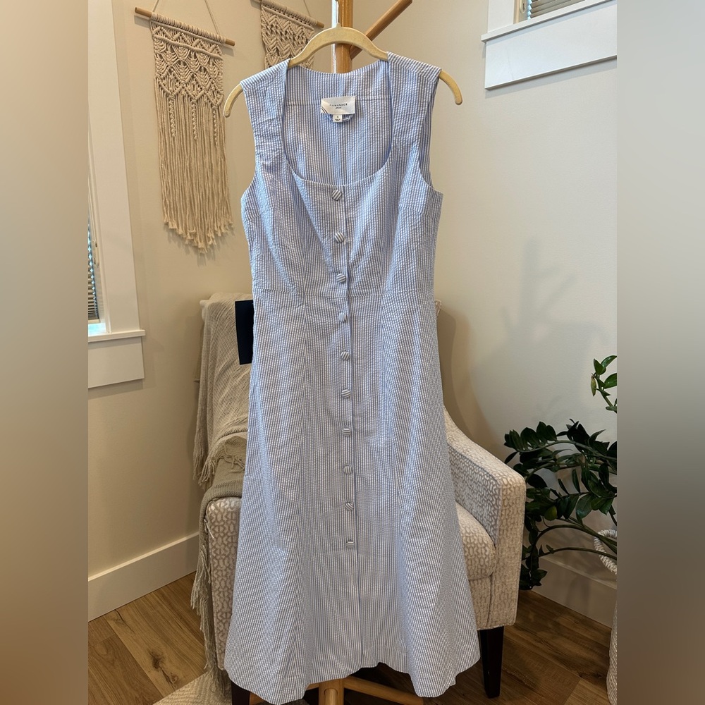 Tuckernuck Pomander Place Blue White Seersucker Dress S Button Front Fit, Midi - Picture 2 of 7